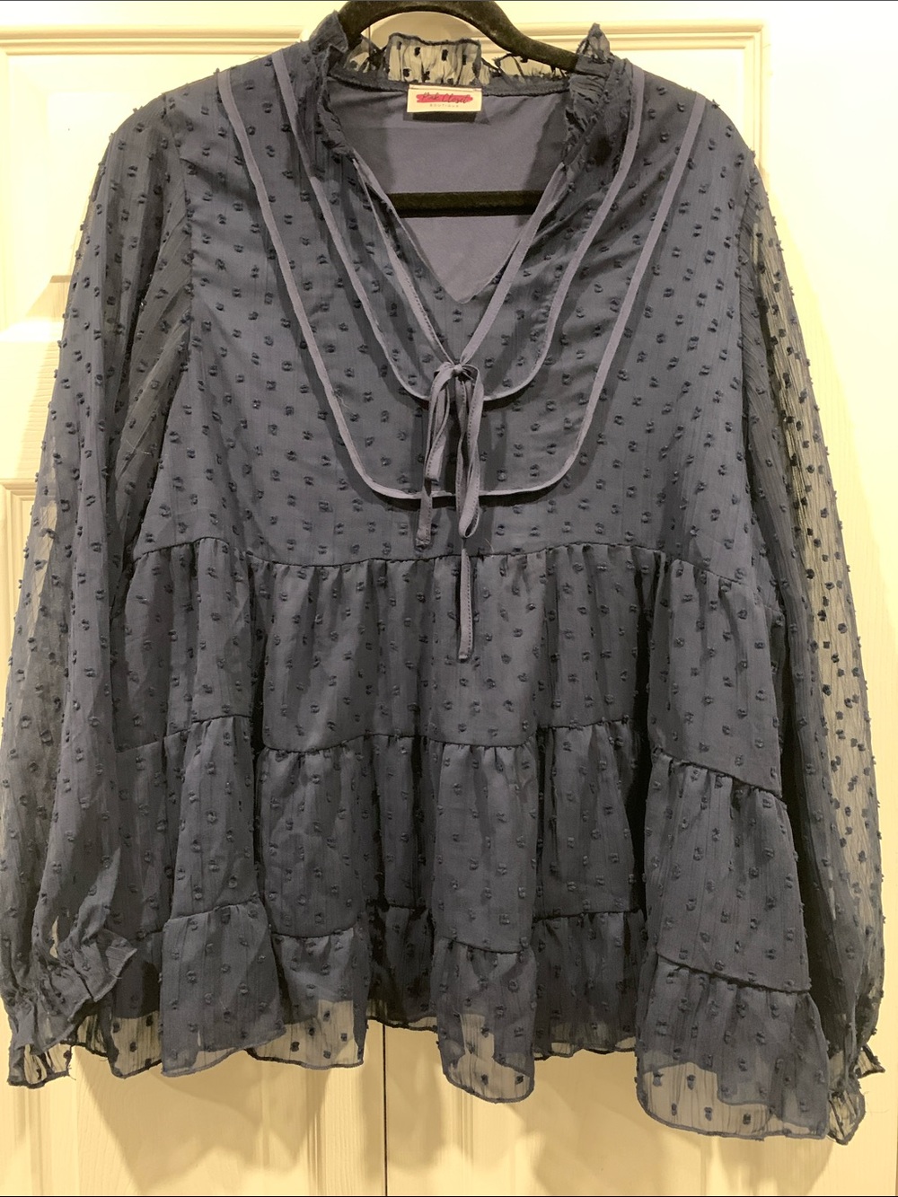 Tie-Neck Swiss Dot Tiered Blouse in Dusty Blue - Unbranded